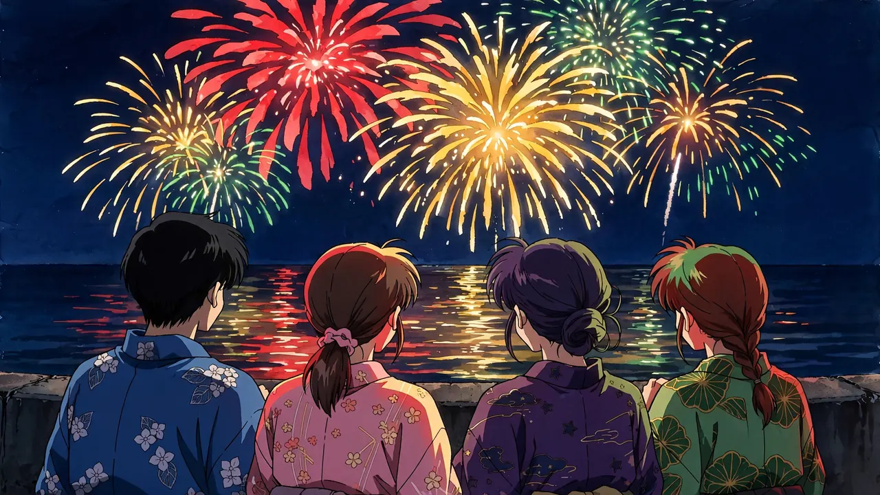 Four friends in summer kimono on a seawall watch fireworks burst over the dark sea