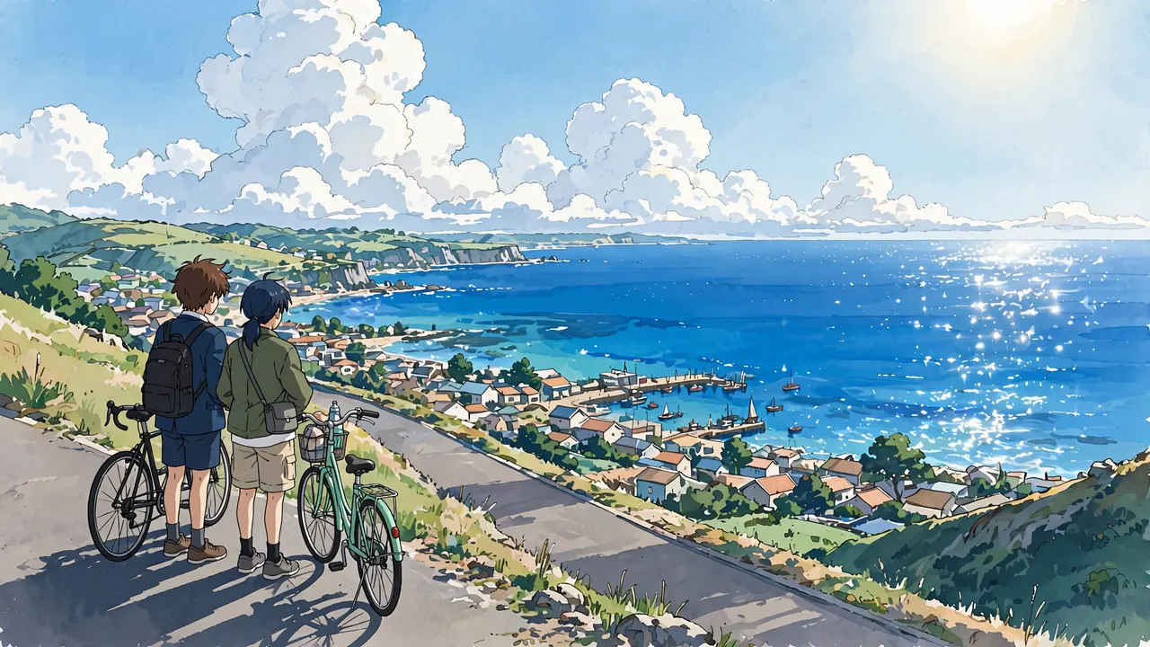 Two friends with bicycles at the top of a hill road looking down at a bright blue sea