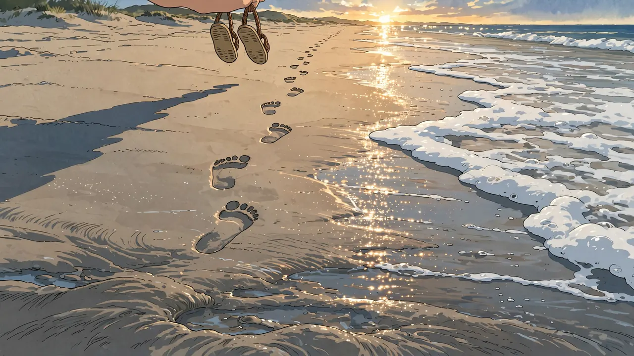 Bare footprints on wet sand at the waterline, a hand holding sandals, foam sliding in
