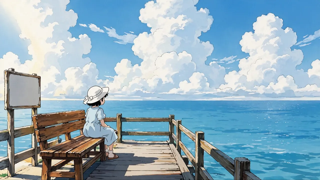 A girl in a sun hat sits on the bench of a tiny station platform right beside a bright sea