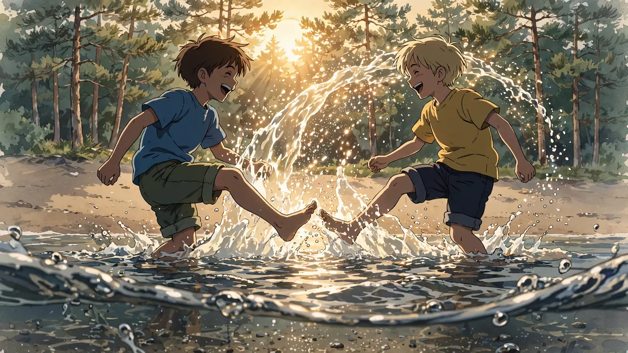 Two friends in t-shirts and shorts kick water at each other in the shallows, backlit spray glowing