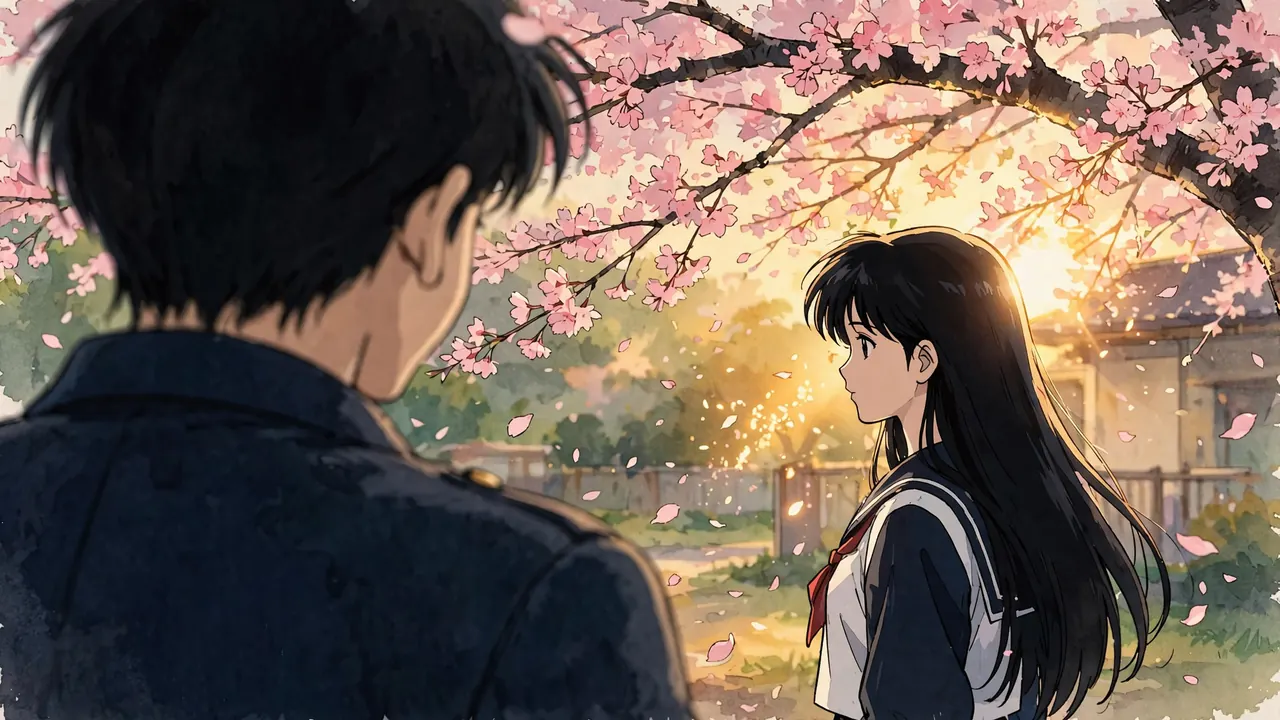 Over the shoulder of a boy toward a girl under a cherry tree, backlit by the afternoon sun