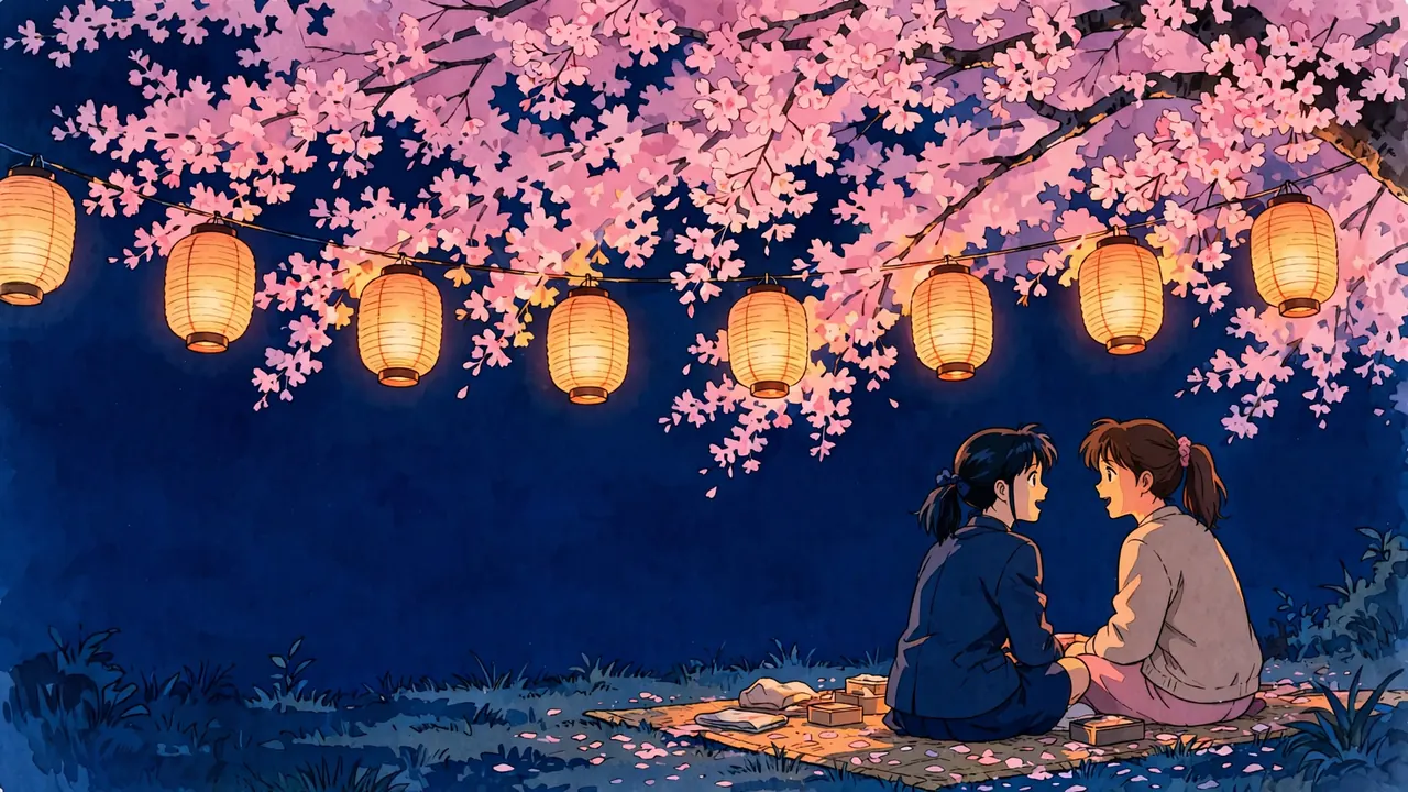 Two friends on a picnic mat under cherry blossoms lit by paper lanterns at night