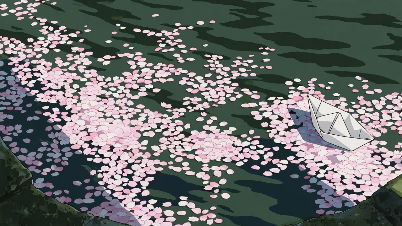 Fallen cherry petals floating on dark green water around a small white paper boat
