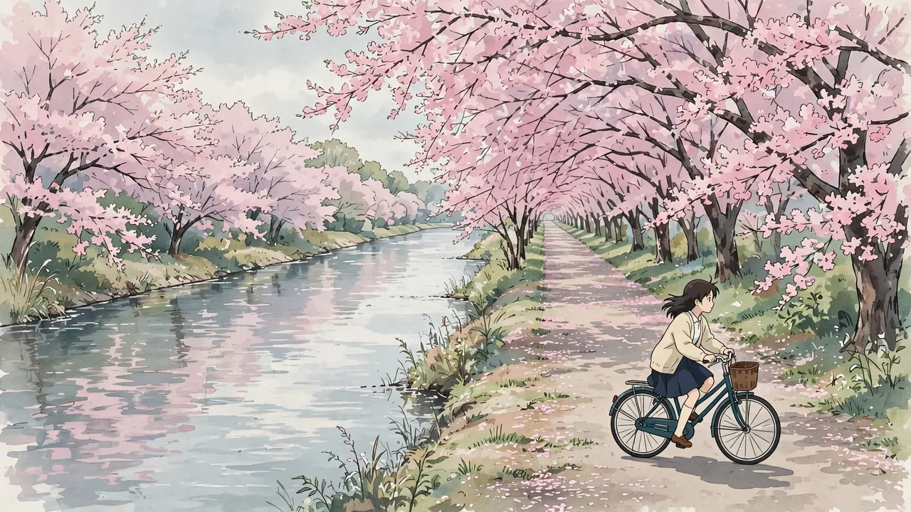A girl rides a bicycle along a riverside path under a tunnel of cherry blossoms