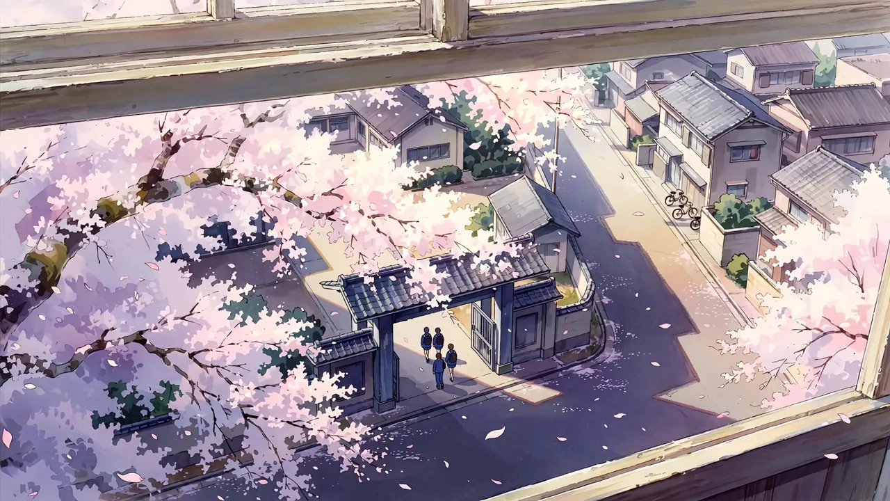 High view of a school gate under a cherry tree in full bloom, students walking through