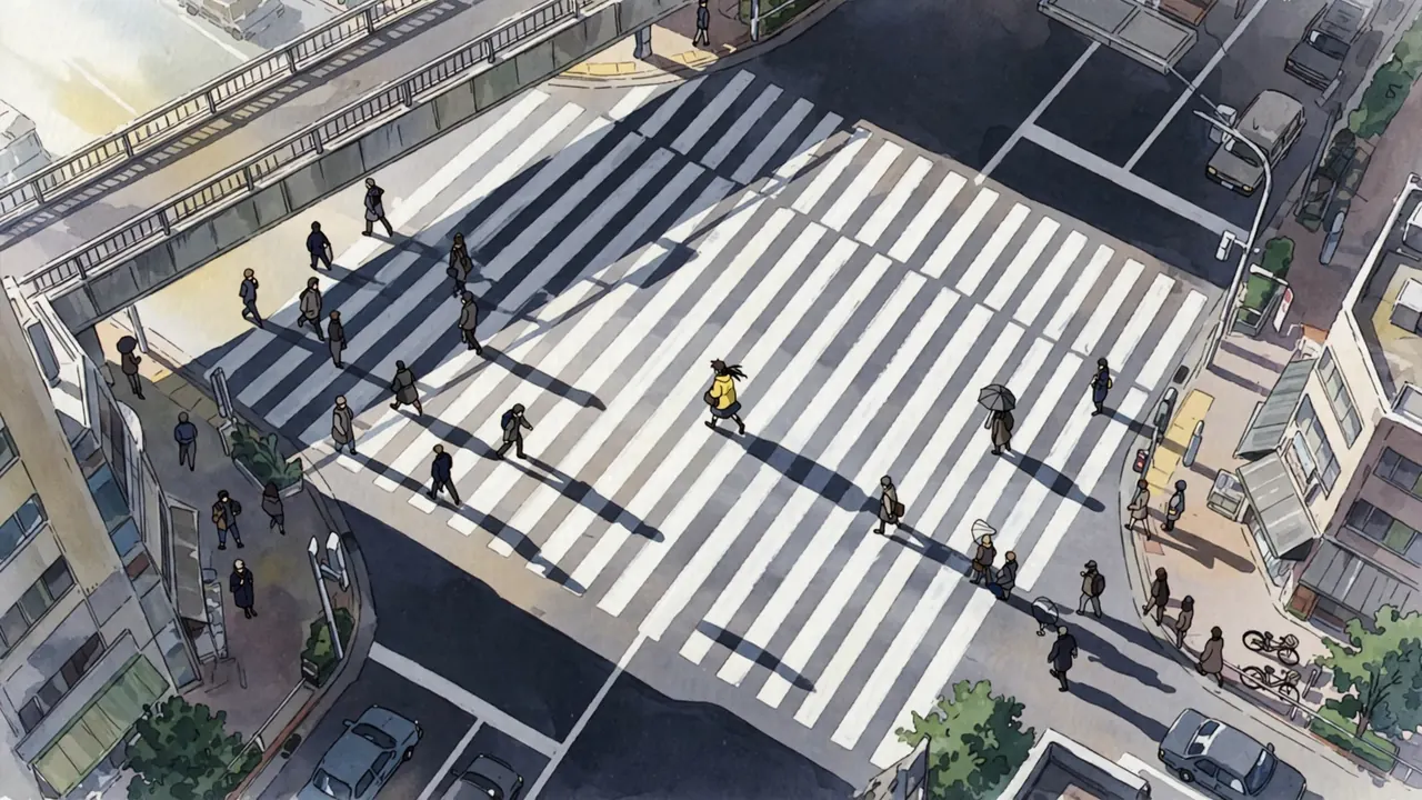 A busy crossing seen from above, small people on diagonal zebra stripes, a girl in a yellow coat in the middle