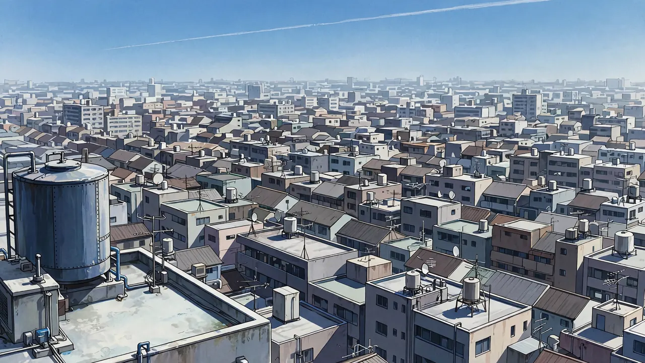 A dense city of rooftops and apartment blocks seen from a high roof, a water tank in front