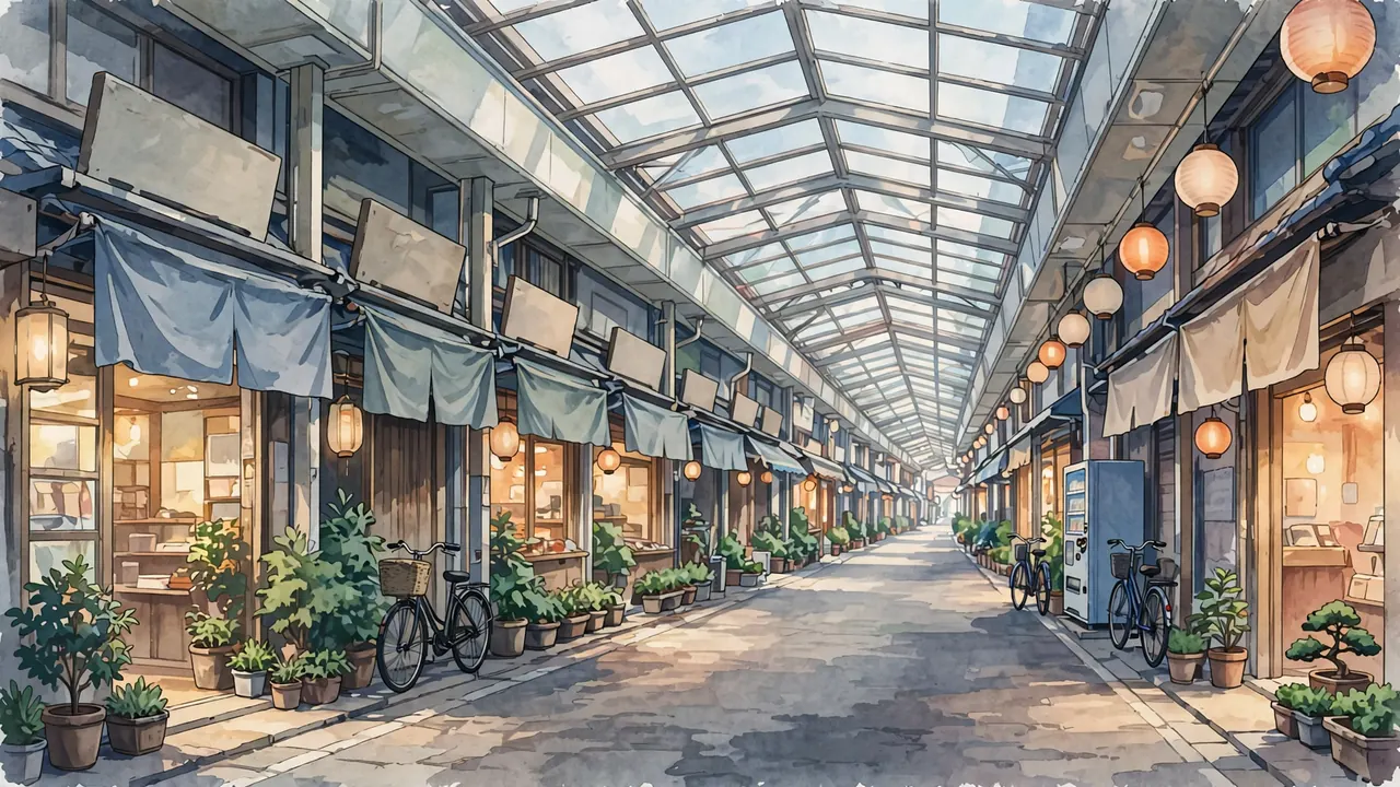 An empty covered shopping street with small shops, awnings and bicycles in one-point perspective