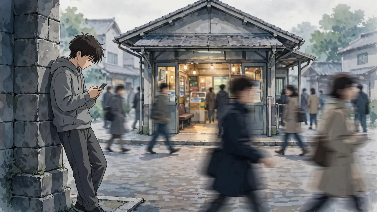 A boy in a gray hoodie waits by a pillar in front of a small station as people pass