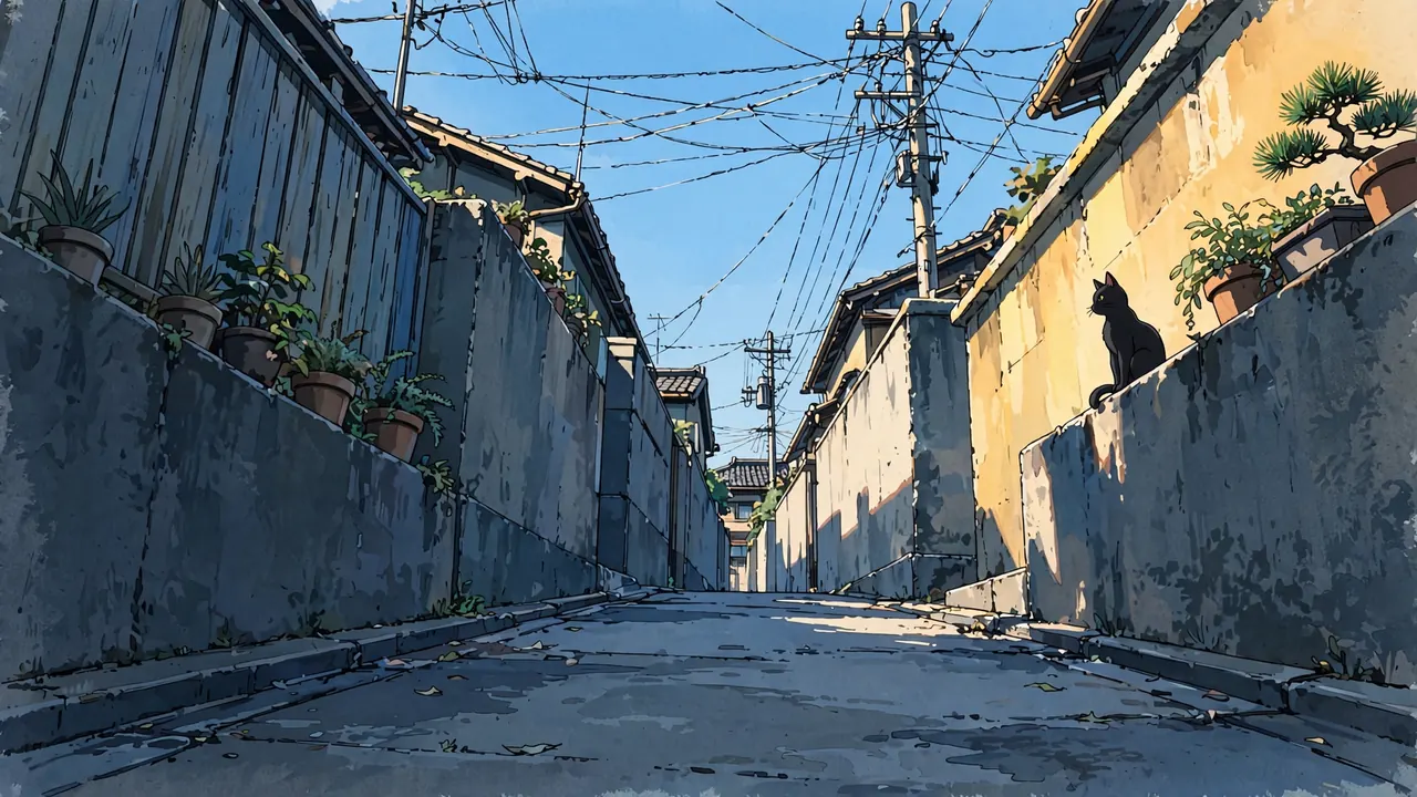 Looking up a narrow residential alley at utility poles and overhead wires, a black cat on a wall