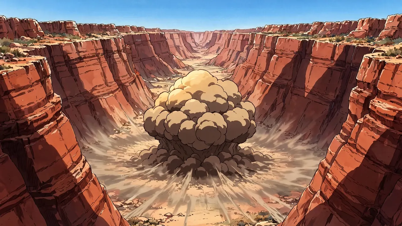 A huge dome of tan dust rising from the floor of a red desert canyon, seen from the rim