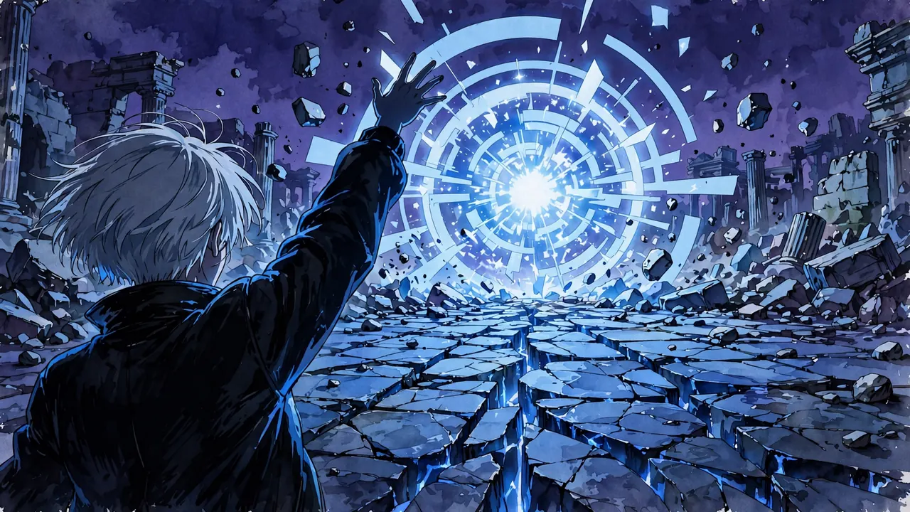 From behind a silver-haired fighter as a sphere of blue-white energy bursts in a ruined plaza