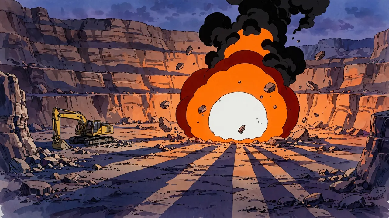 A layered orange fireball with a white core rises from a desert quarry behind a parked yellow excavator