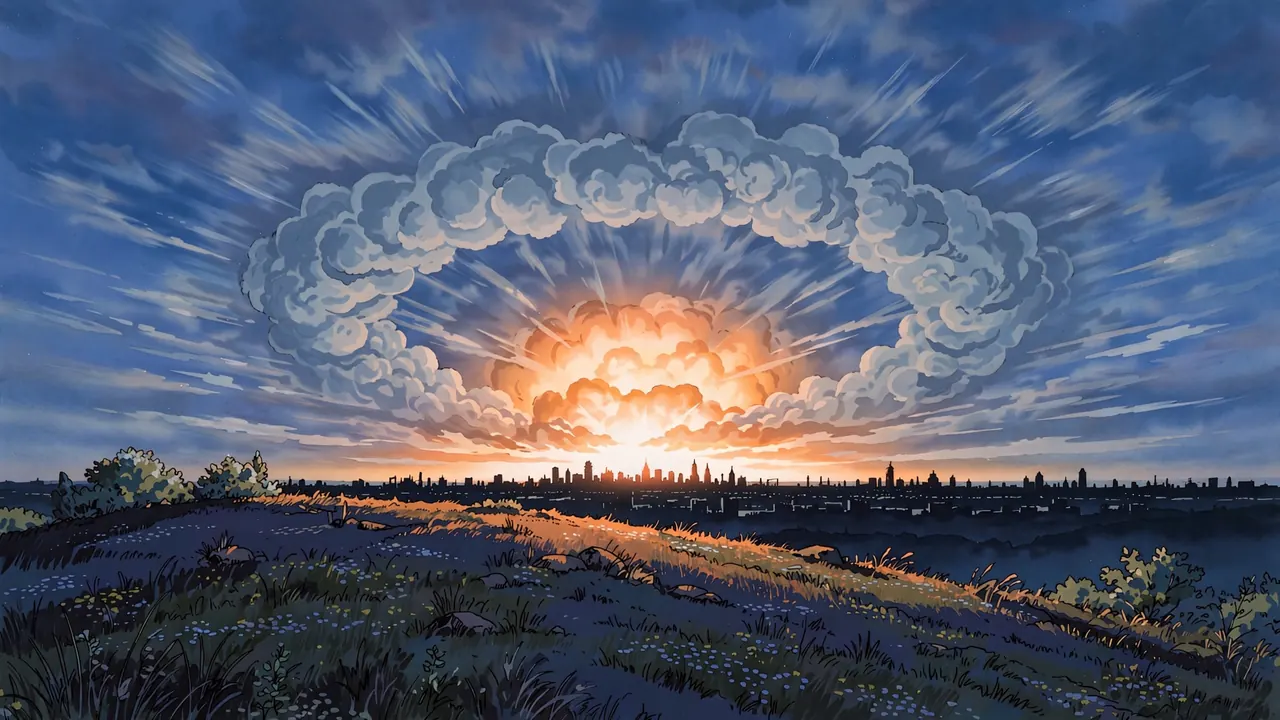 A city skyline in silhouette as a ring-shaped shockwave cloud spreads across the dusk sky