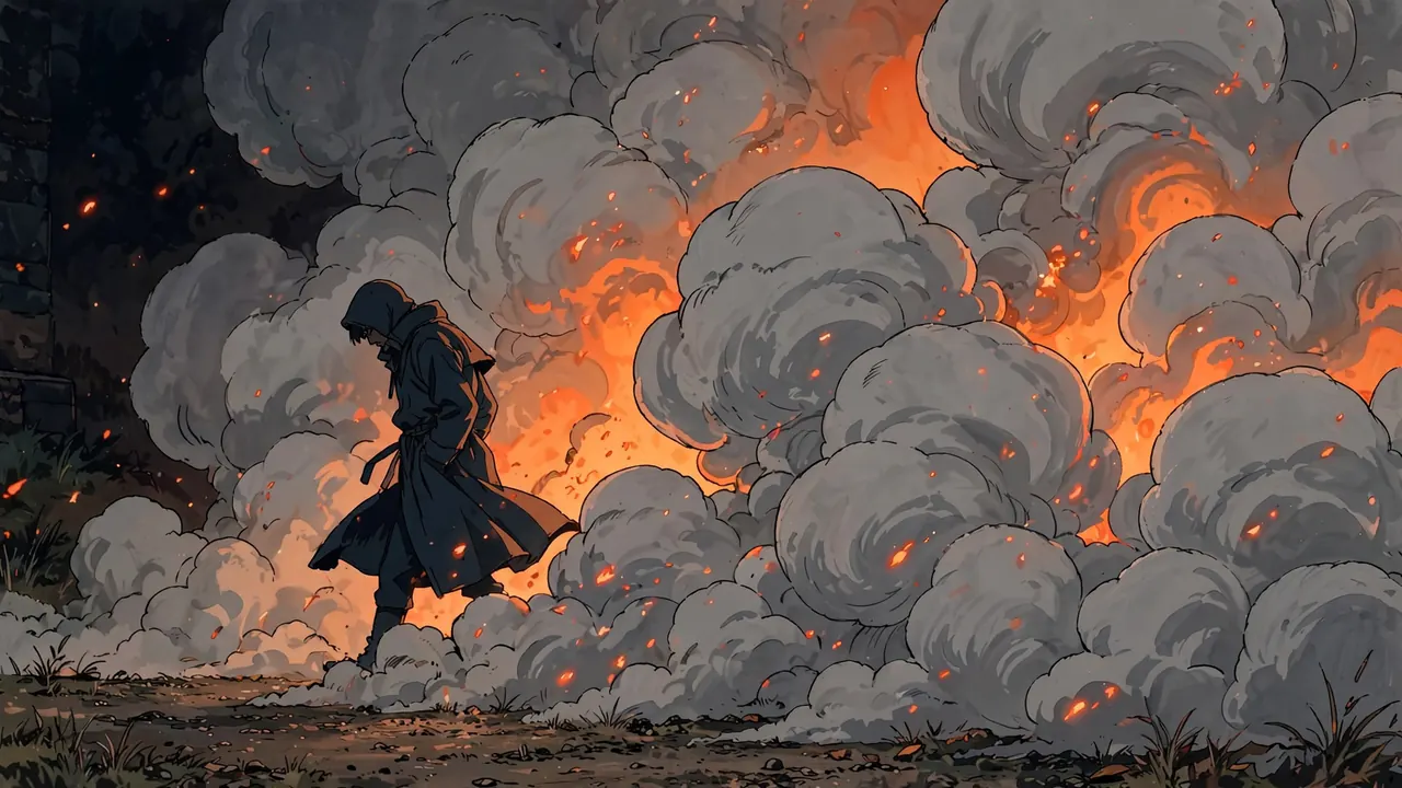 A figure in a long coat walks out of a wall of gray smoke with orange fire glowing behind it