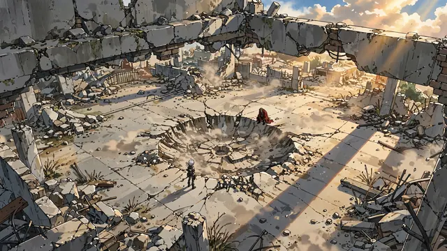 High wide view of a ruined yard after a fight, a crater, one fighter standing and one down on a knee
