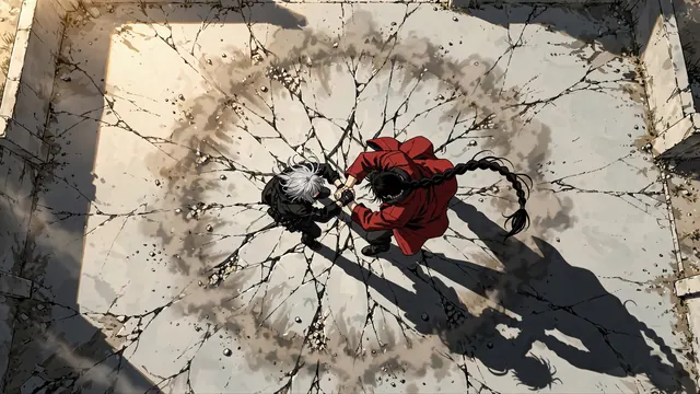 Overhead view of two fighters clashing in the center of a cracked yard, a ring of dust spreading