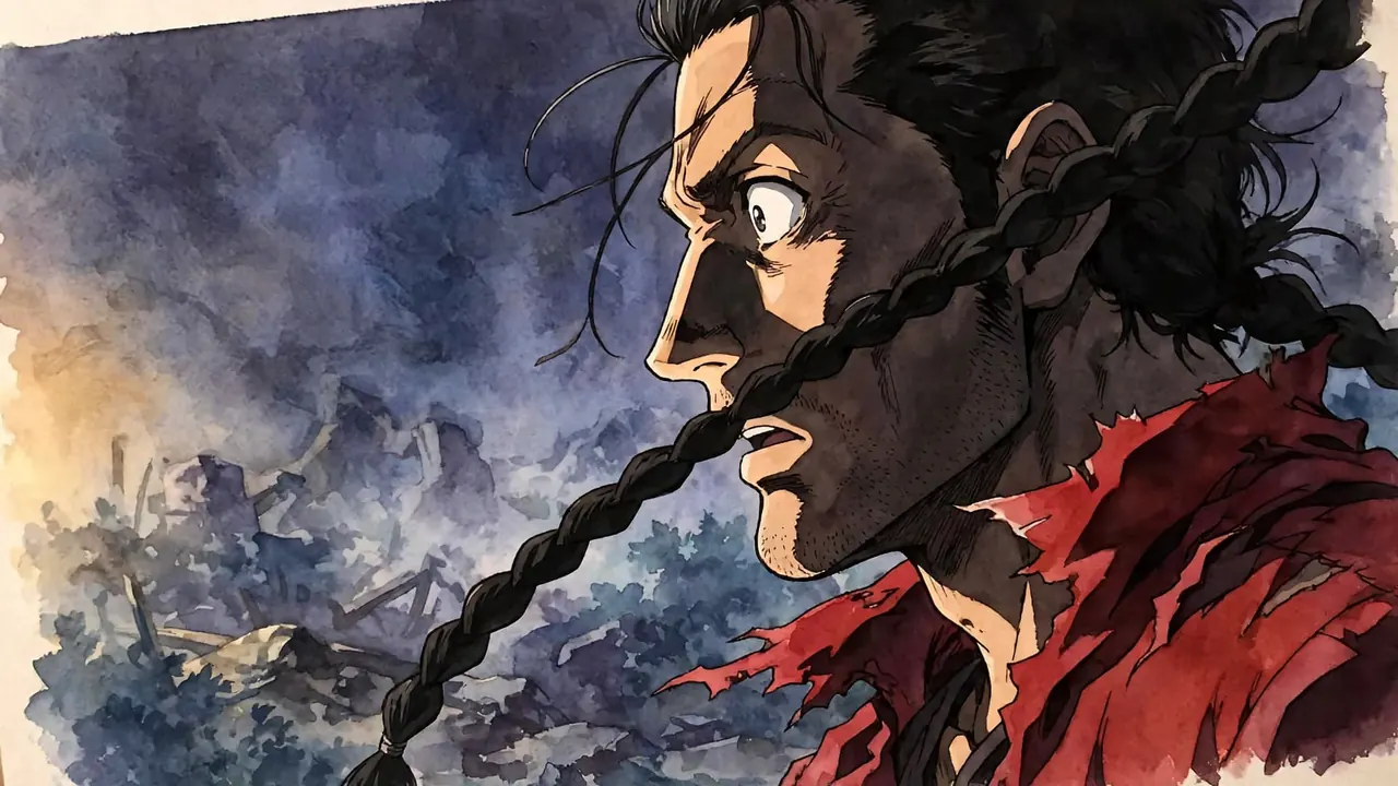 Tilted close-up of a man with a dark braid, eyes wide in surprise, half his face in shadow