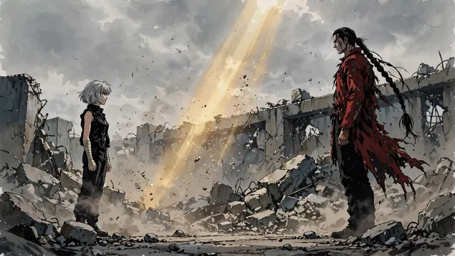 Two fighters face each other in profile across a dusty ruined yard, a shaft of light between them