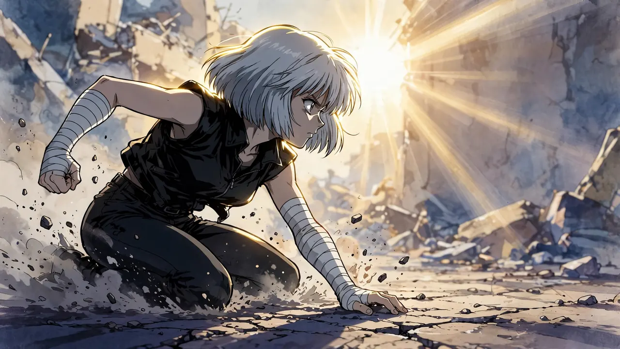 Low angle on a silver-haired fighter crouched to spring, stones lifting off the ground around her