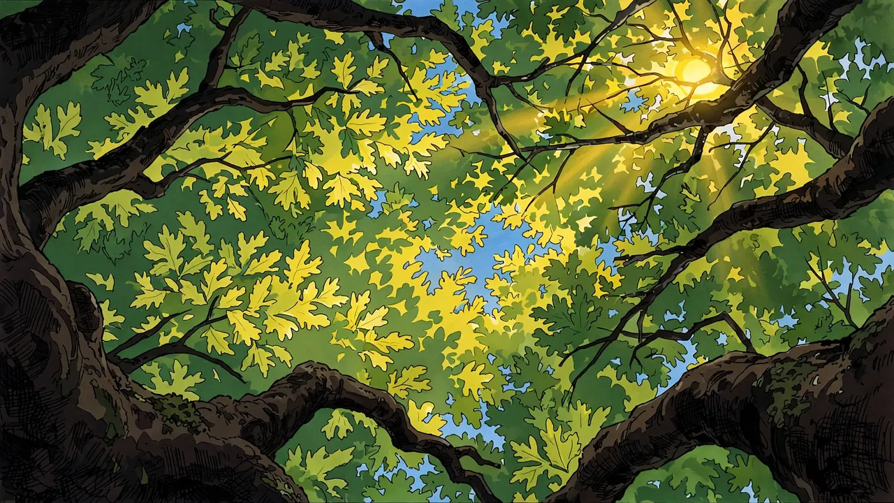 Looking straight up into a big tree canopy with glowing green leaves and sun breaking through