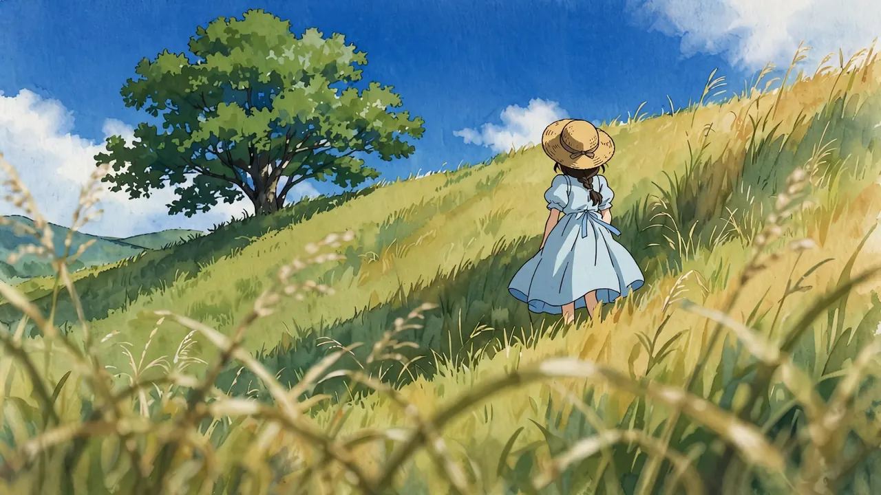 A girl in a straw hat walks away up a grassy hill toward a lone tree under a blue sky