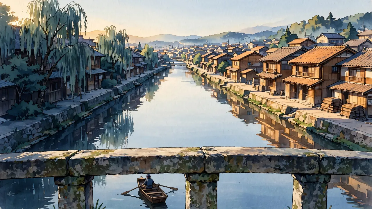 A calm river through a small town with willows and tiled roofs, a rowing boat on the water
