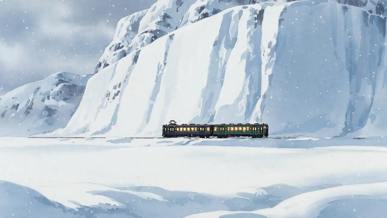 A small local train with glowing windows crosses a snowfield under a steep white mountain