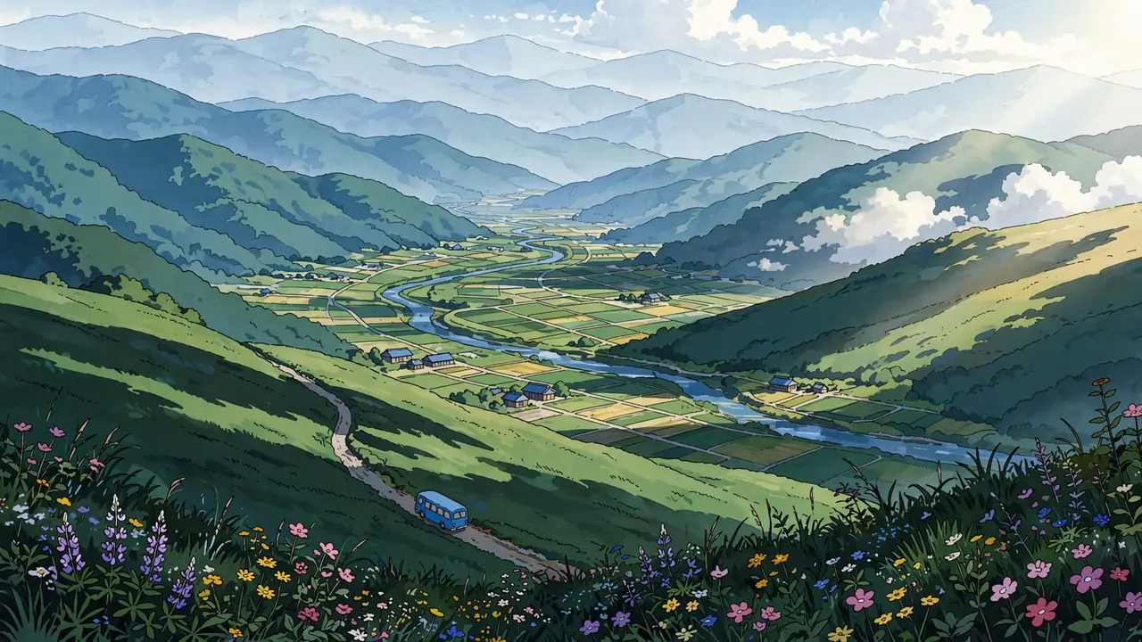 A small blue bus on a winding road into a green mountain valley with layered blue ridges