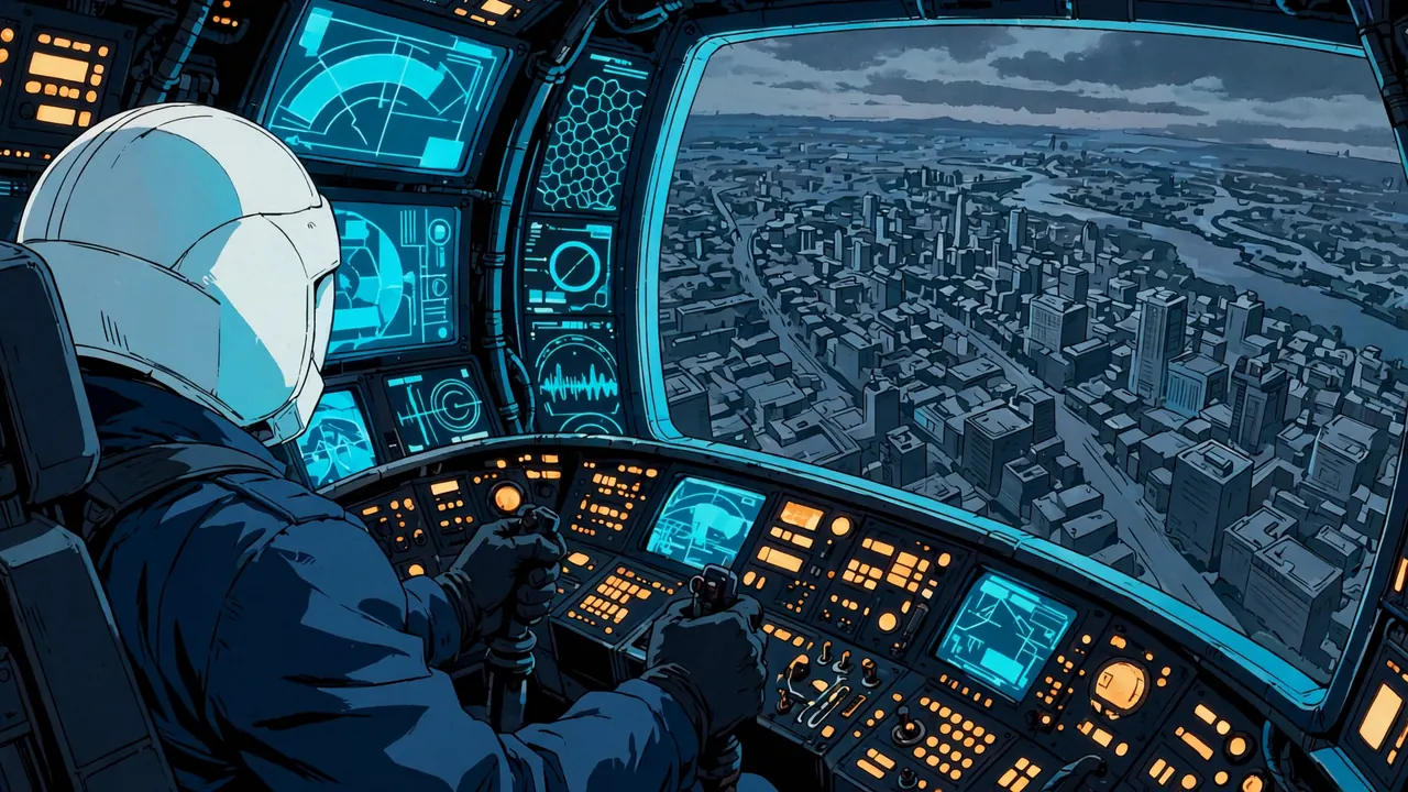 Behind a pilot in a white helmet inside a mech cockpit, curved screens showing a city at dusk