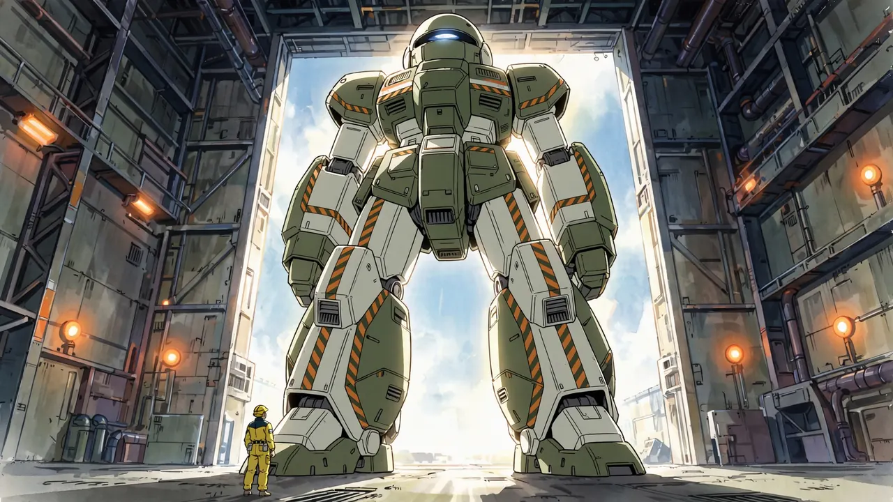 An olive and white giant robot in a hangar seen from the floor, a tiny technician at its feet, the door open behind