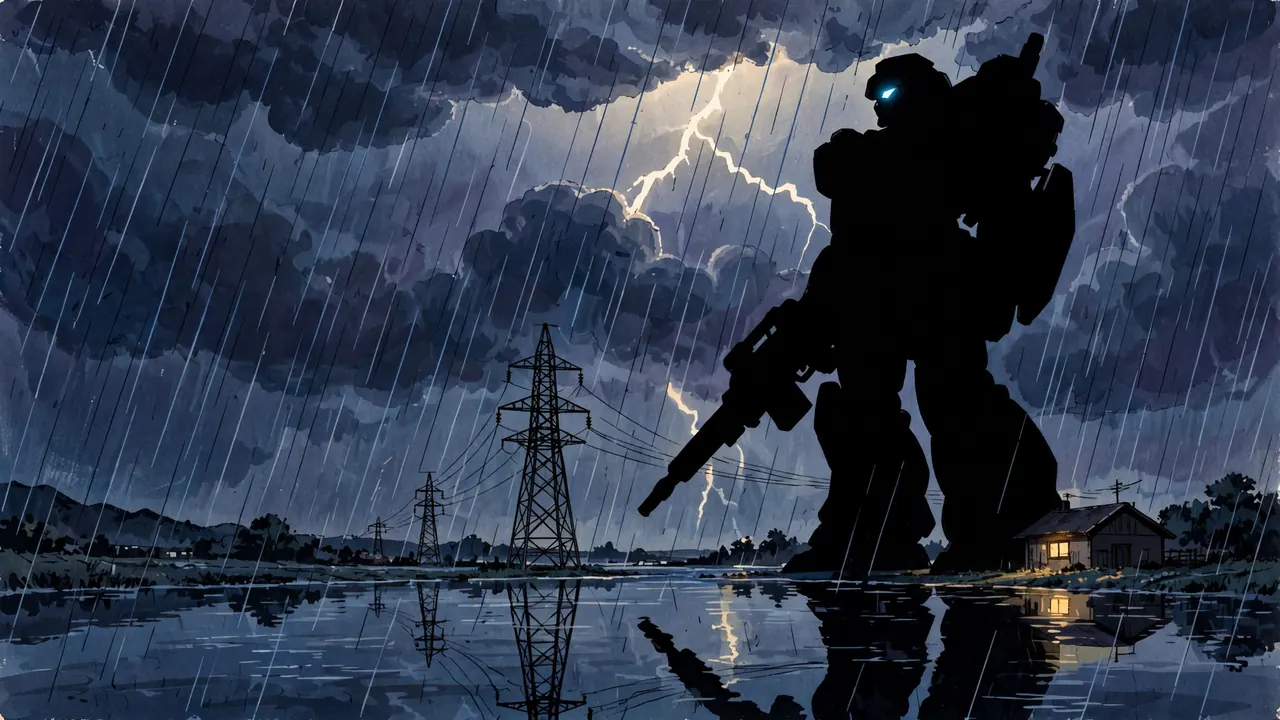 A giant robot silhouette in a flooded field at night in the rain, power line towers reaching only to its waist