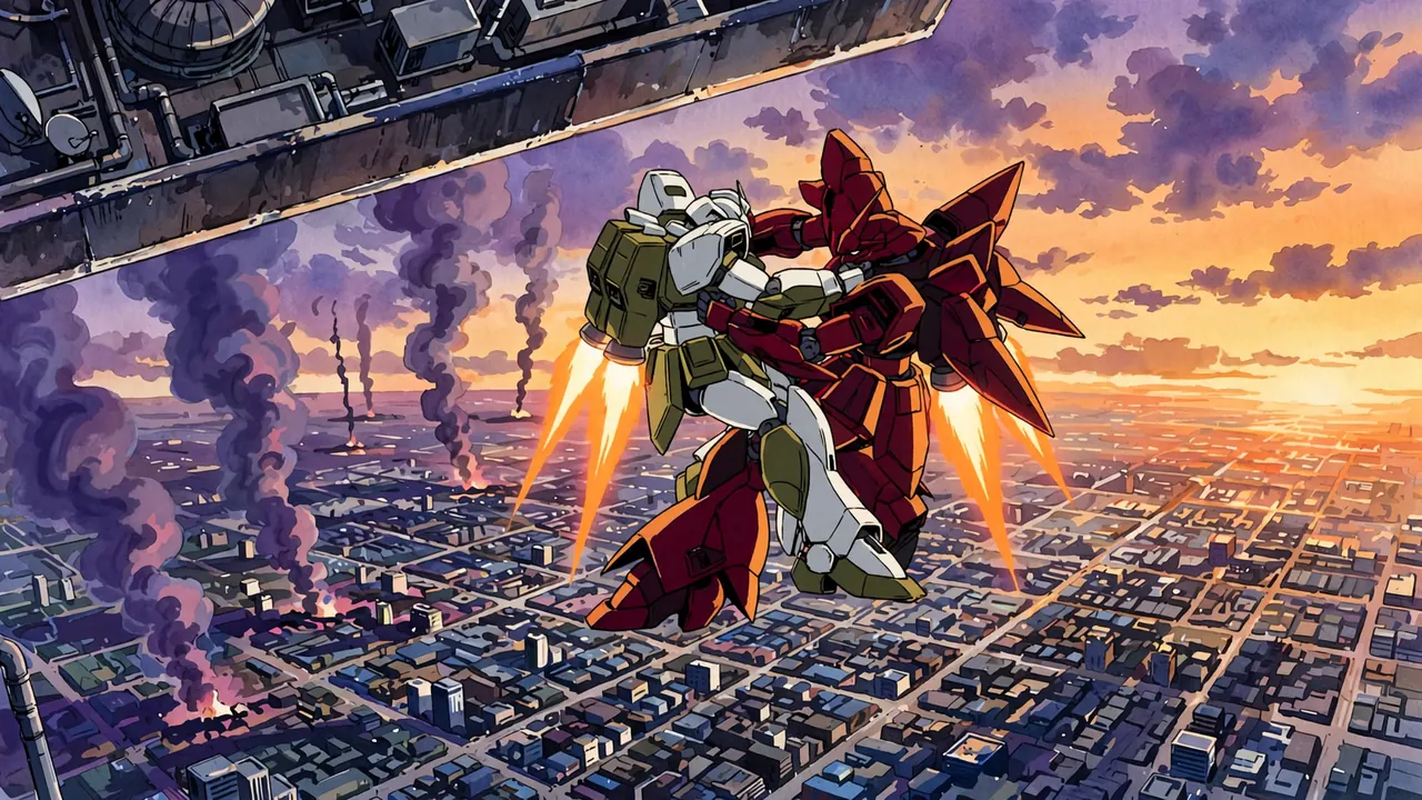 Two giant robots locked together in mid air above a city at sunset, smoke rising on the left