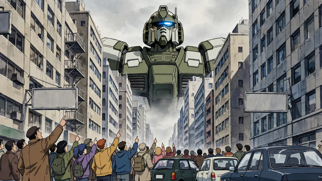A crowd on a city street looks up at a giant robot towering over the office buildings