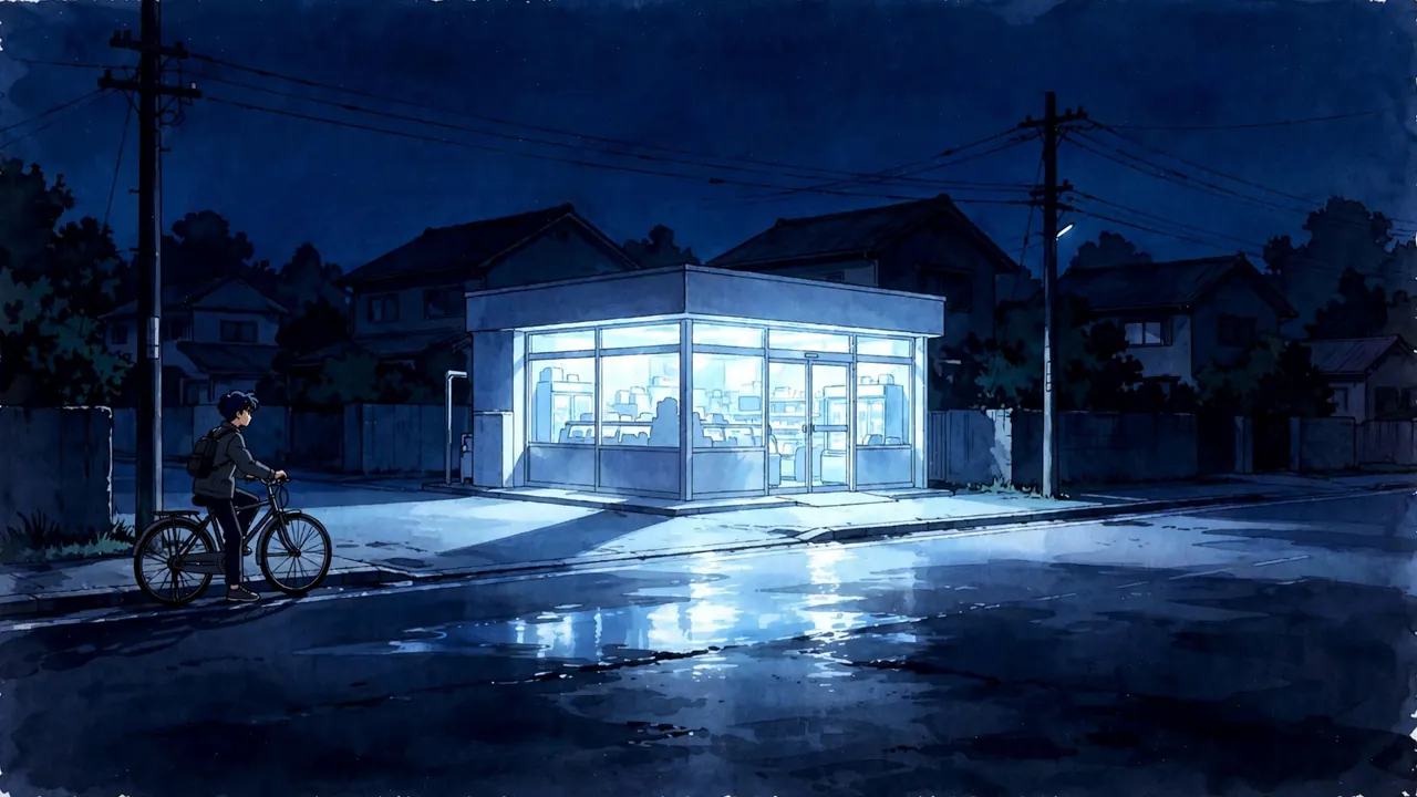 A small corner store glowing white on a dark street at night, a boy on a bicycle at the curb