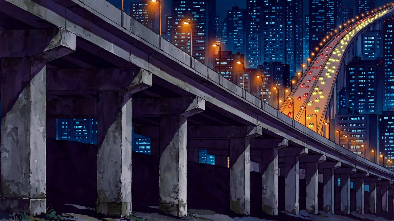 An elevated highway at night with streams of car lights, tall towers with lit windows behind