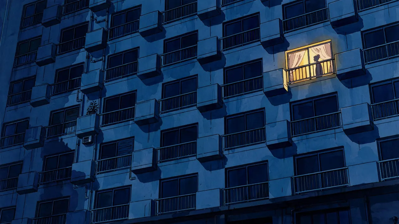 A dark apartment block at night with one warm lit window and a silhouette behind the curtain