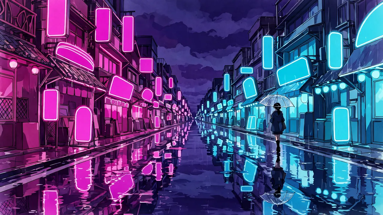 A wet neon-lit street at night with magenta and cyan reflections, a woman with a clear umbrella walking away