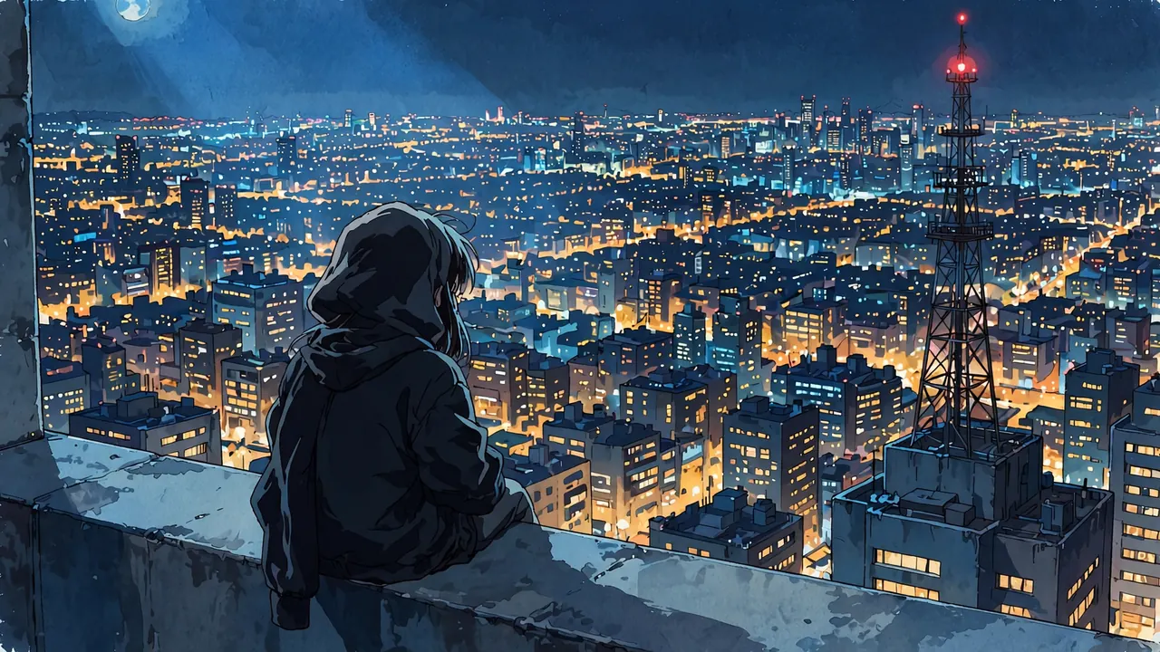 A girl in a hoodie sits on a rooftop ledge at night looking over a city of lights