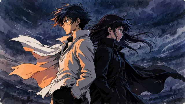 Two rivals stand back to back, one lit warm orange and one cold blue, under a stormy sky