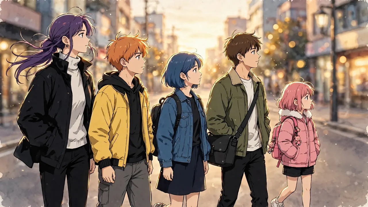 Five young friends walk side by side toward the camera down a city street at golden hour