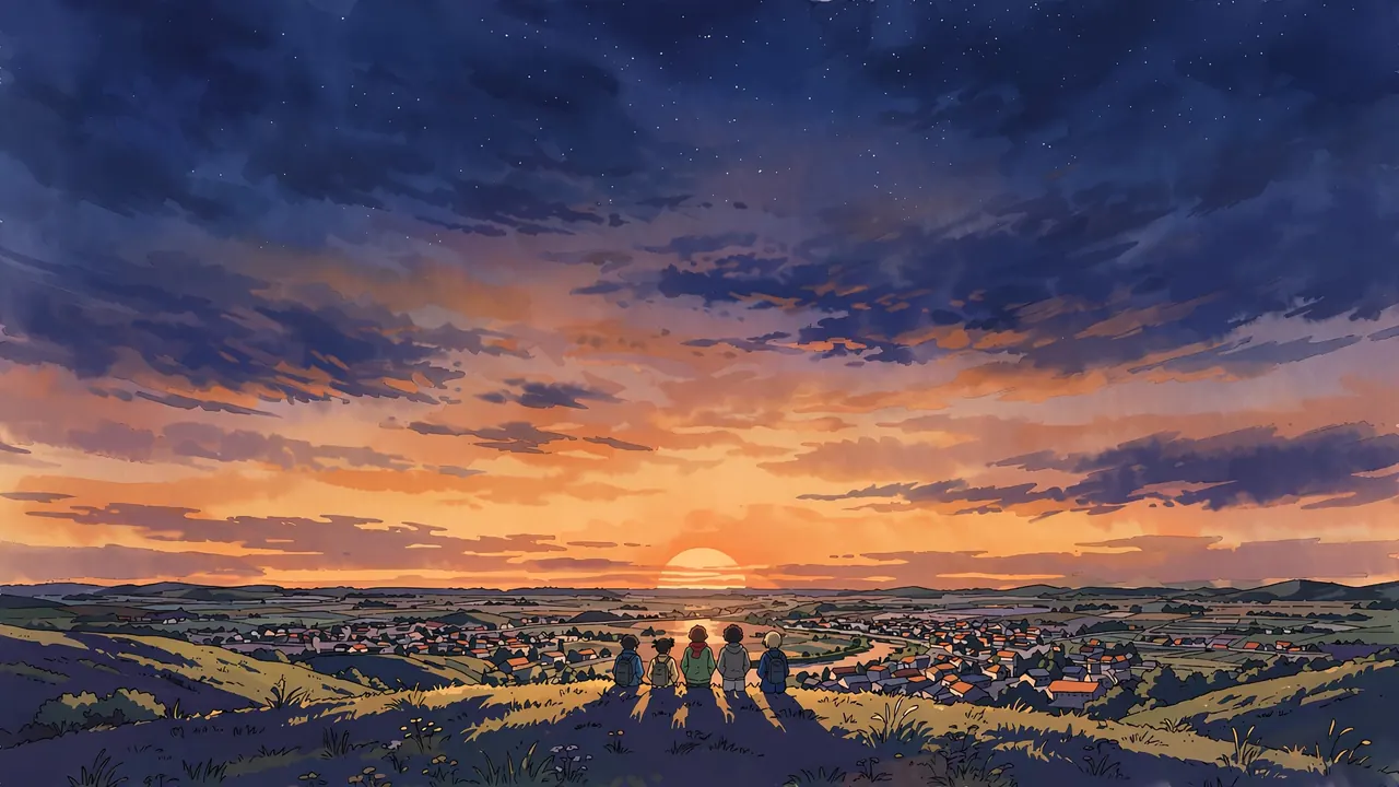 Five small figures on a hilltop above a town under a huge dusk sky with the first stars