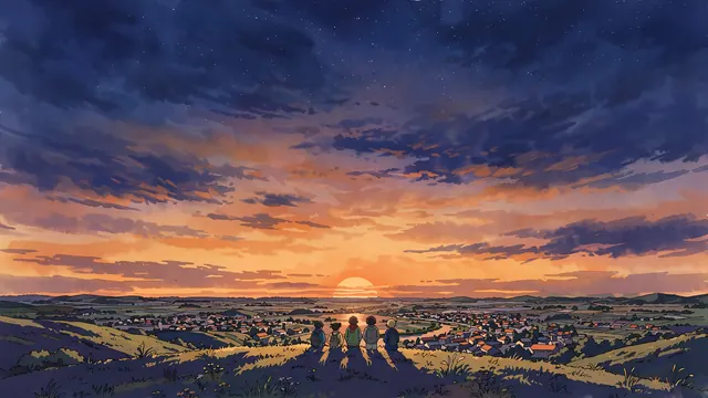 Five small figures on a hilltop above a town under a huge dusk sky with the first stars