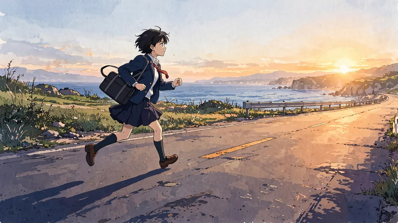 A girl with a school bag runs along a coastal road toward the sunrise, side-on
