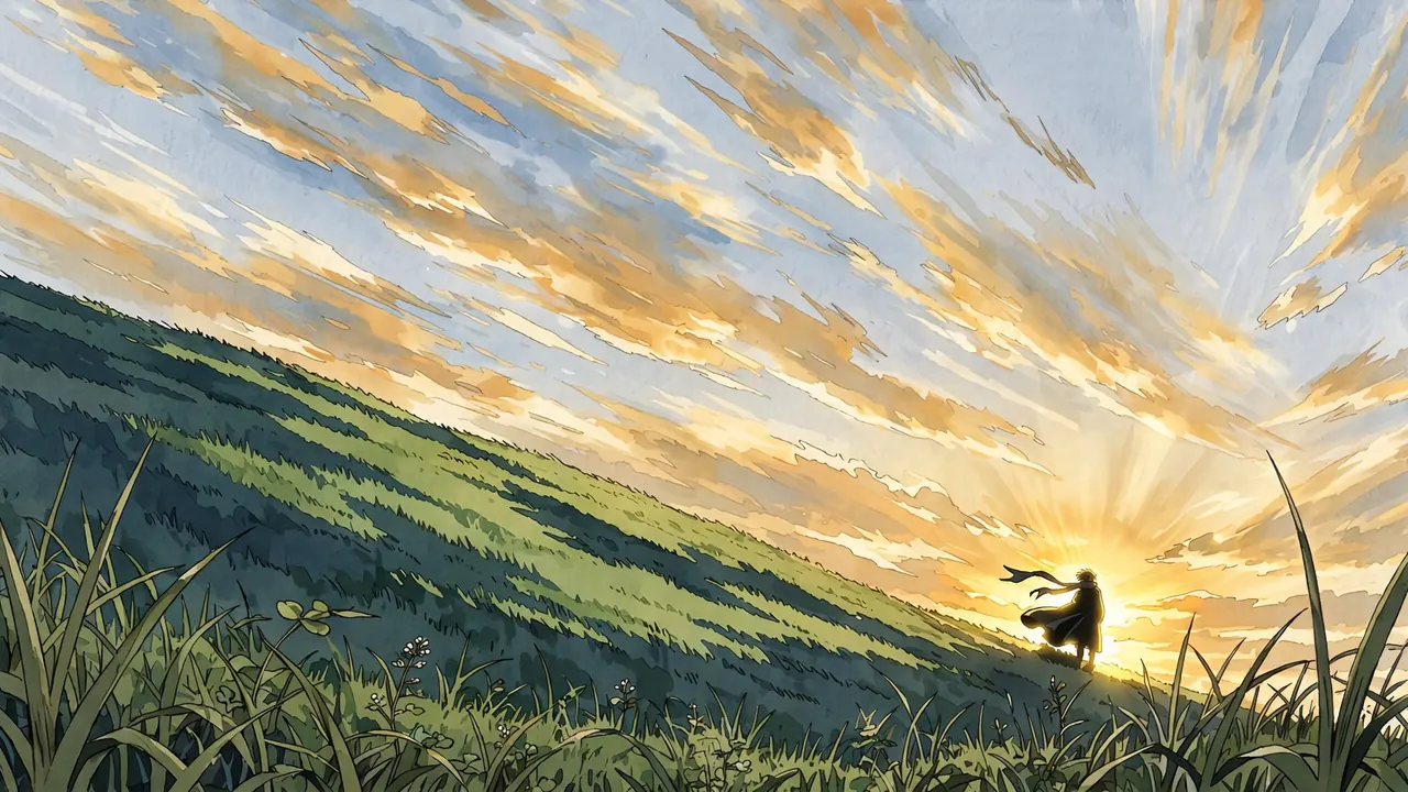 A lone figure on a hill under a huge open sky, the top of the frame left empty for a title
