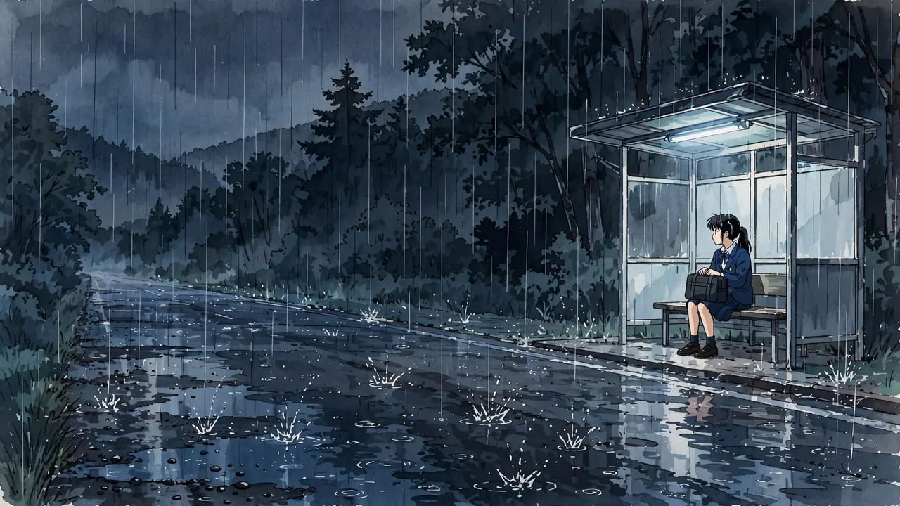 A girl sits alone in a lit bus shelter on a dark country road in heavy rain