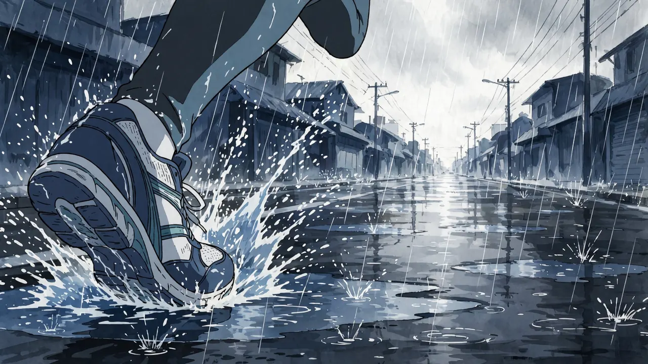 Ankle-height view of a running shoe hitting a puddle on a flooded street in heavy rain
