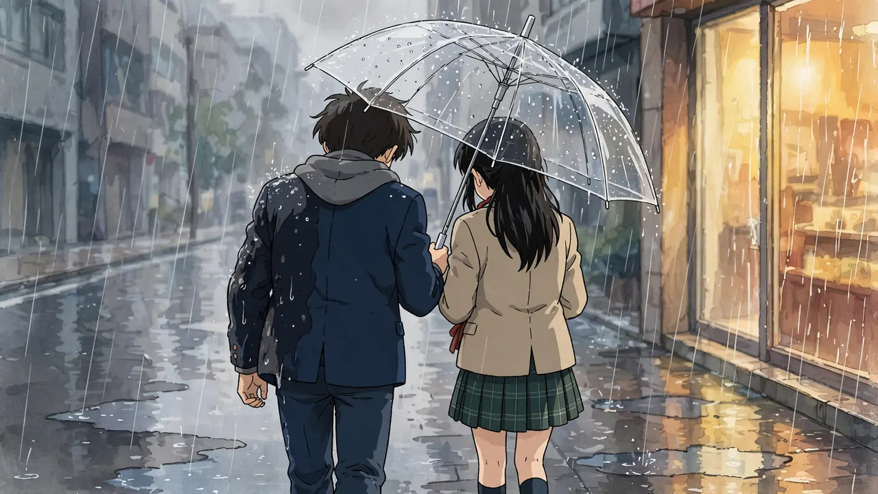 Two teenagers seen from behind sharing a clear umbrella on a rainy sidewalk