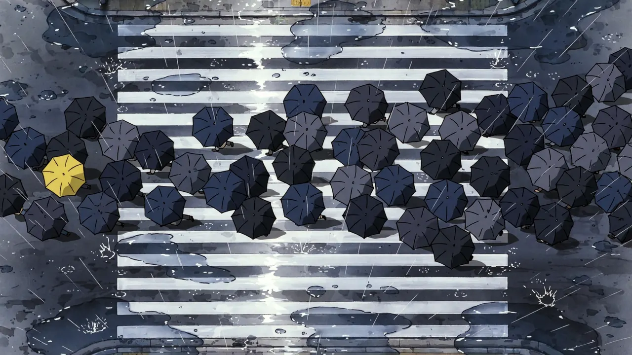 Looking straight down at a crossing full of dark umbrellas in the rain, one yellow umbrella in the crowd